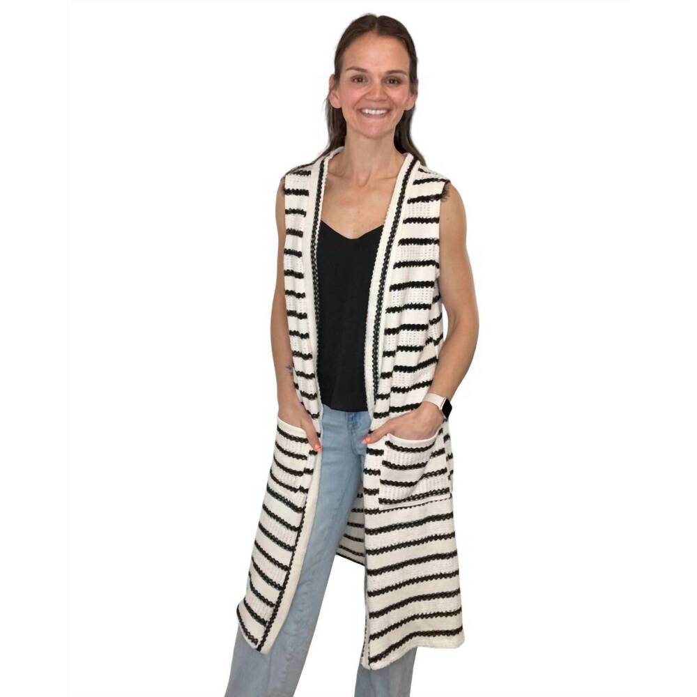 NEW JADE BY JANE starla sleeveless duster cardigan in black & oat stripe